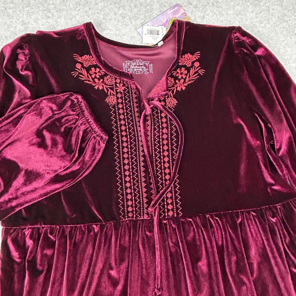 Panhandle Velvet Burgundy Top Women 1X Embroidered NEW Babydoll Fairy Whimsygoth - Picture 4 of 8